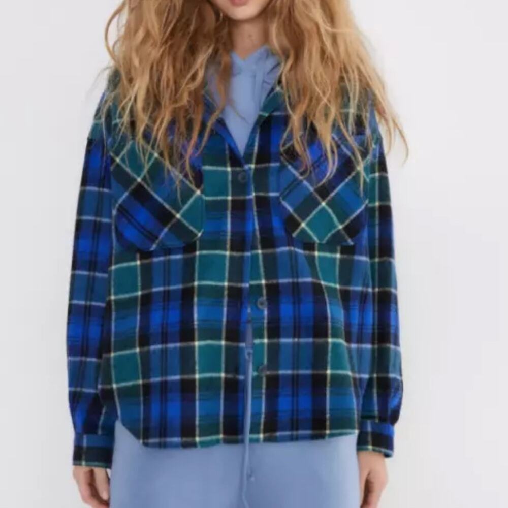ZARA women’s size medium plaid oversized shacket button up hi low blue green